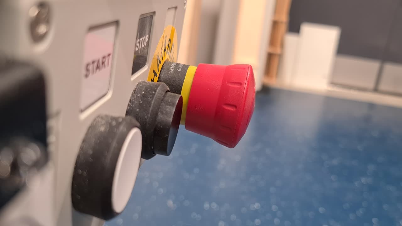 산업 장비의 빨간색 정지 버튼을 누르는 사람, 클로즈업 샷