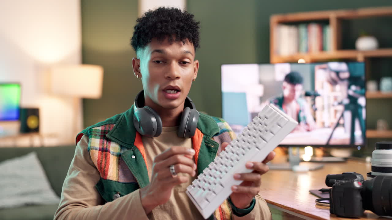 Man holding keyboard in studio setting