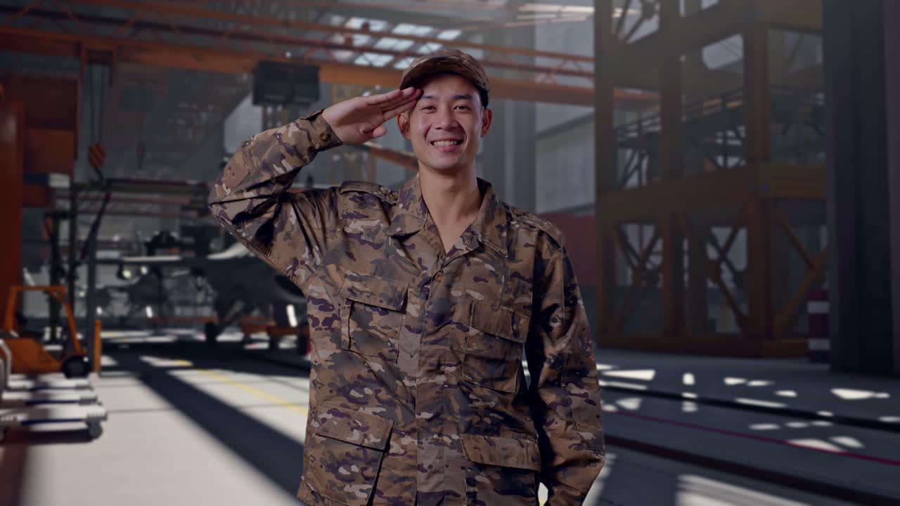 Asiatischer Soldat in Camouflage-Uniform, der in einem Hangar salutiert