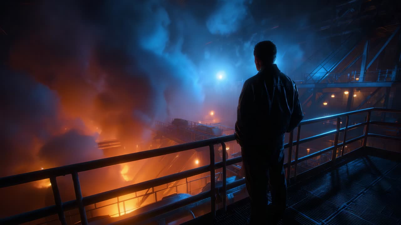A solitary figure stands on a metal railing overlooking a dramatic industrial scene filled with vibrant flames and thick smoke, embodying the essence of industrial strength and raw energy in a visually stunning atmosphere