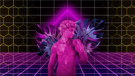 glitching pink statue with neon geometric shapes and leaves in retro animation