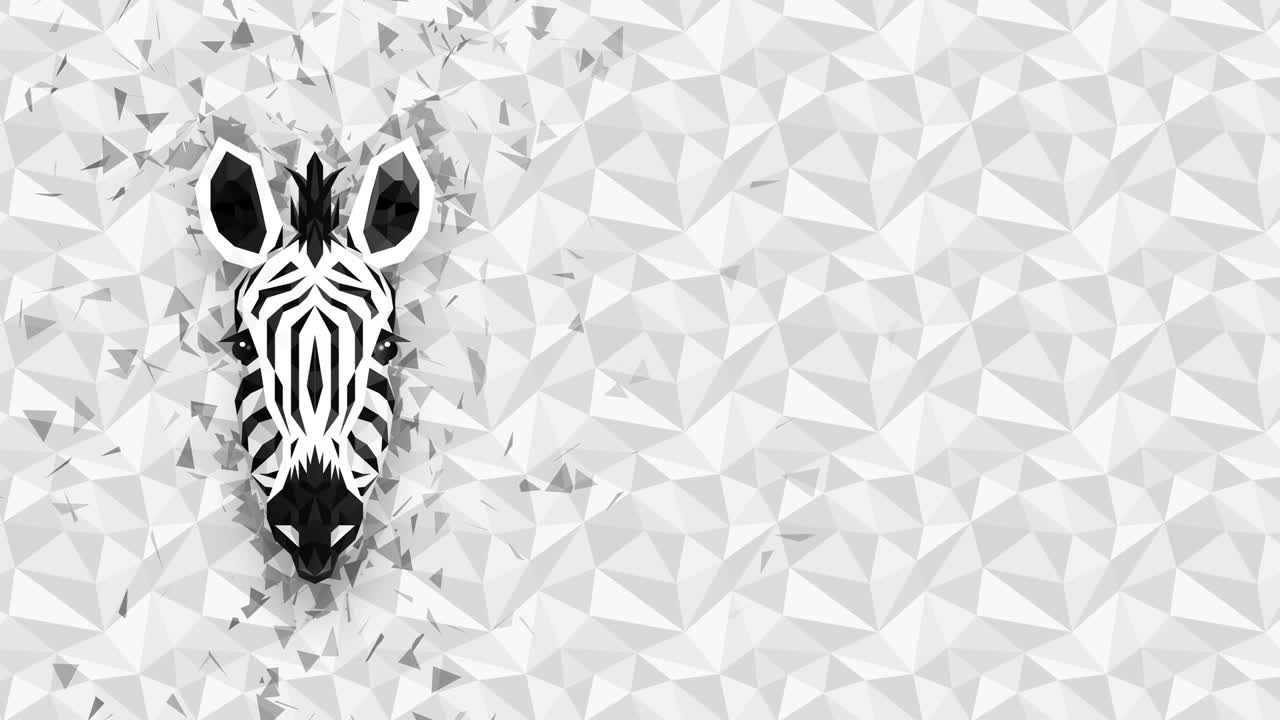Polygonal Zebra background. Animal head. Low polygon loop animation. Geometric wildlife. Polygonal animal portrait.