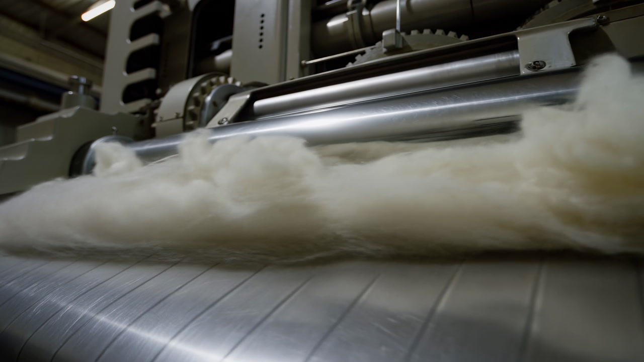 Industrial Wool Carding Machine Processing Raw Fleece, Dense White Fibers Tumbling Across Metal Rollers, Gears