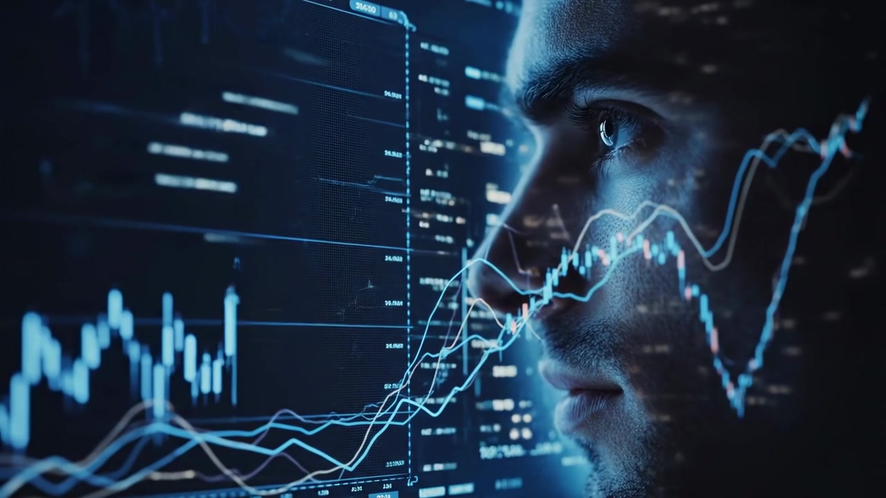 Young Man Analyzing Financial Data on Digital Screen