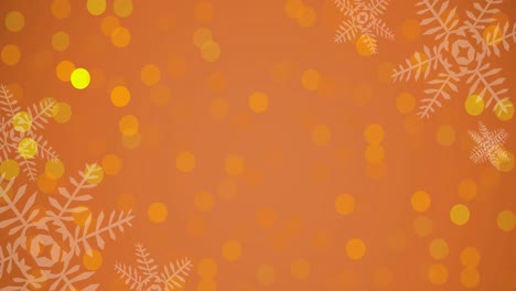 Animation-Von-Weihnachtsschneeflocken-Und-Leuchtenden-Punkten-Auf-Orangefarbenem-Hintergrund