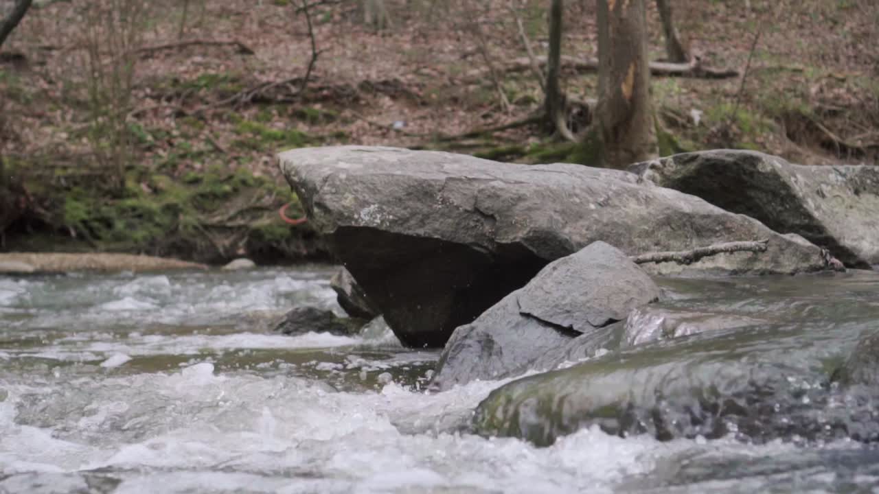 River flowing in slow motion across rock jutting out of stream in Rock Creek park, Washington DC, United States during the fall season