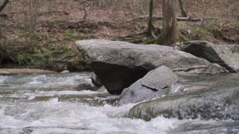 River-flowing-in-slow-motion-across-rock-jutting-out-of-stream-in-Rock-Creek-park,-Washington-DC,-United-States-during-the-fall-season