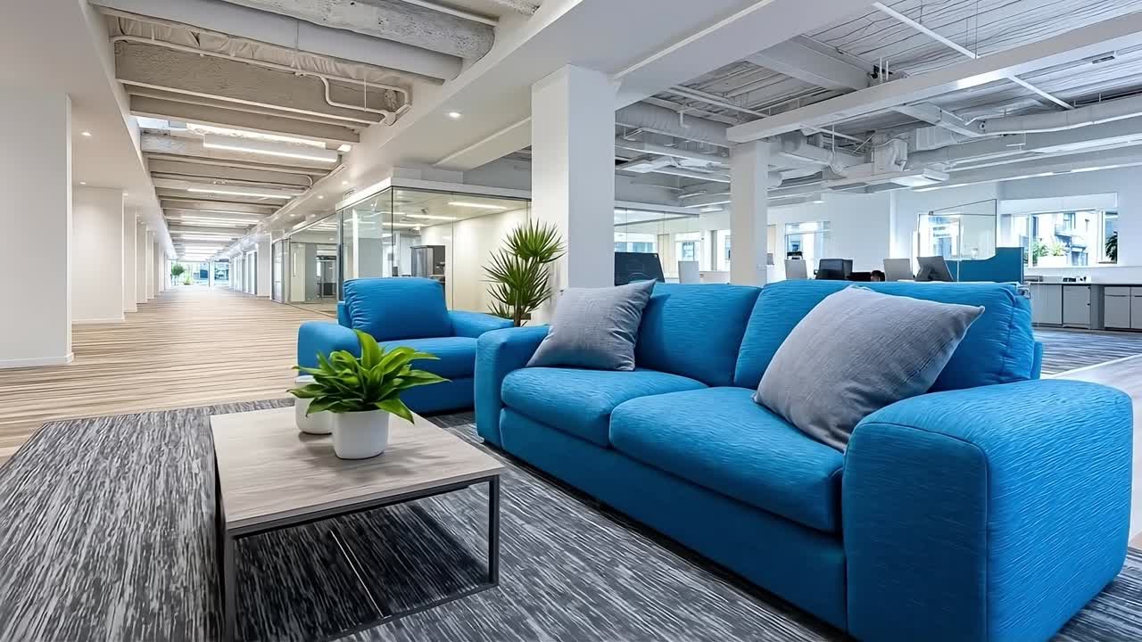 A blue couch sitting in the middle of a room filled with furniture