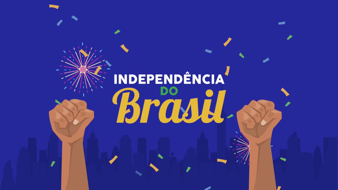Animation med tekst om Brasiliens uafhængighed, knyttet næve og konfetti