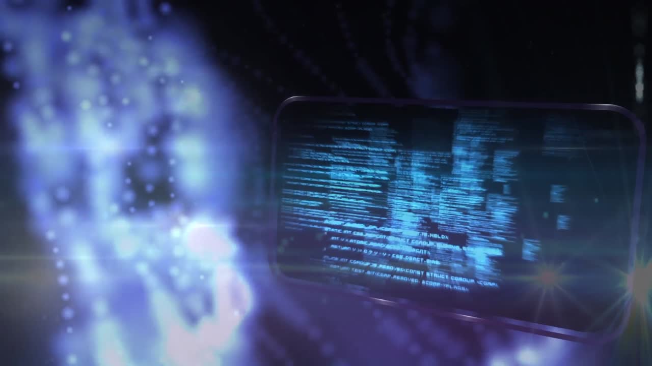 animación del procesamiento de datos en pantallas de tabletas sobre fondo azul