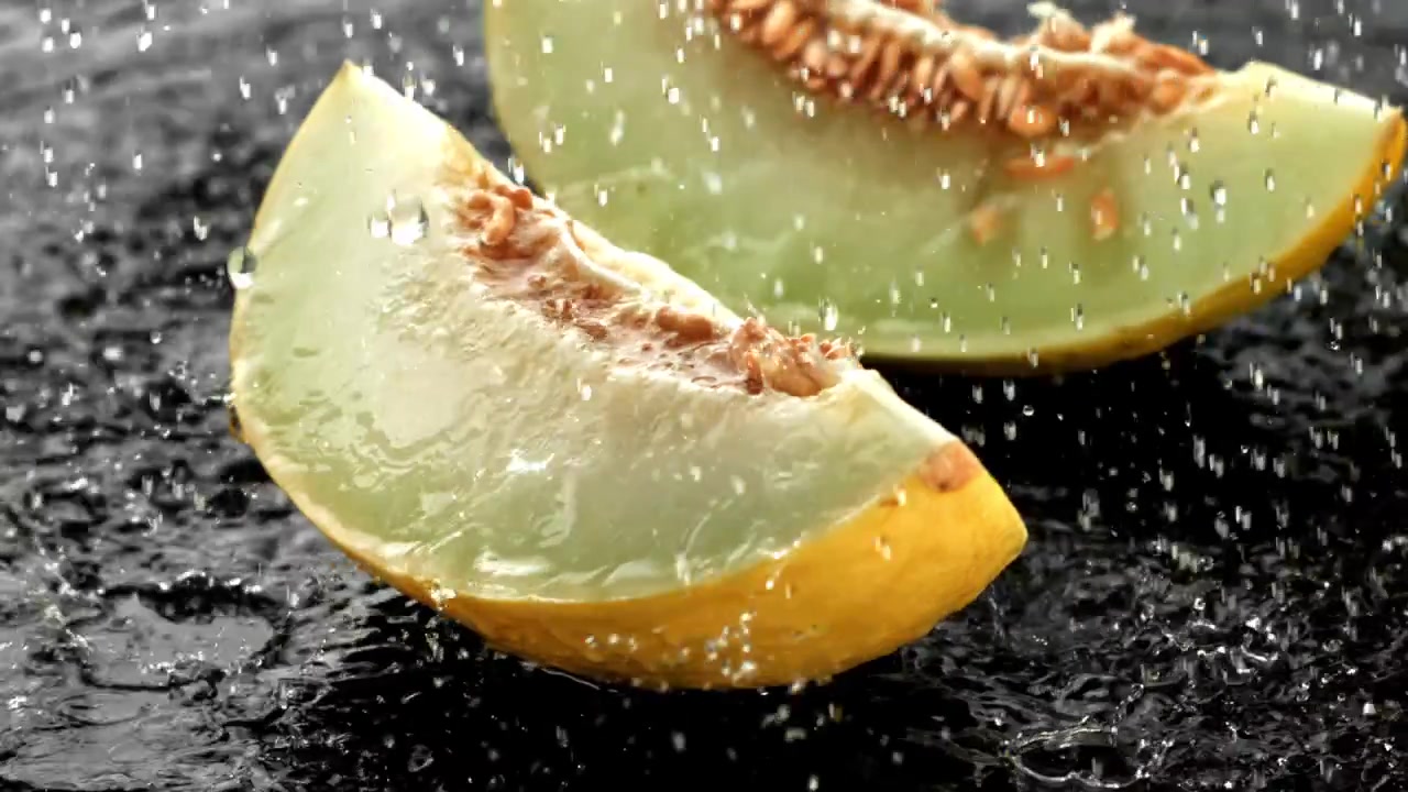 Refreshing Melon Slices Under Falling Water Drops