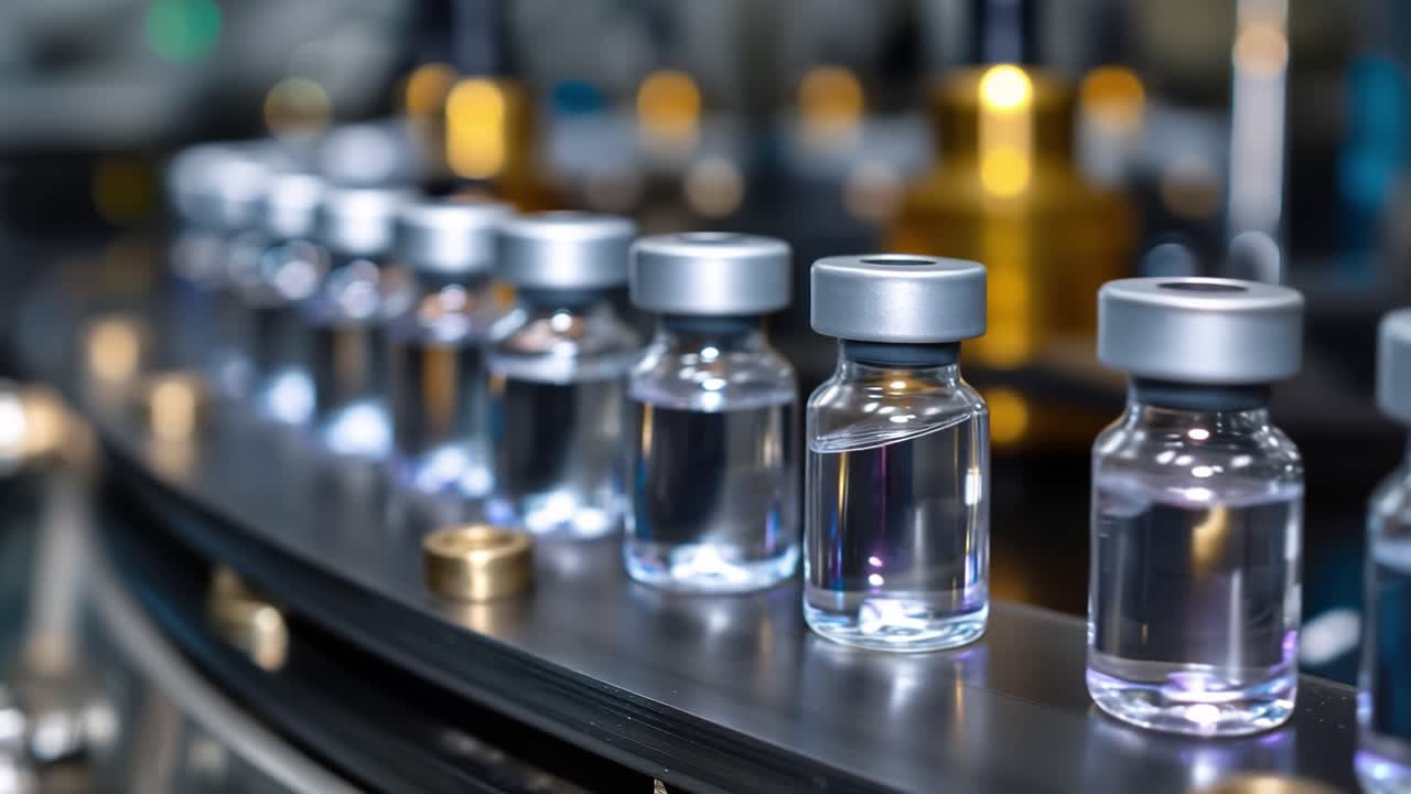 Automated Production Line of Pharmaceutical Vials Showcasing Transparent Liquid Products in a Modern Laboratory Setting with Advanced Technology