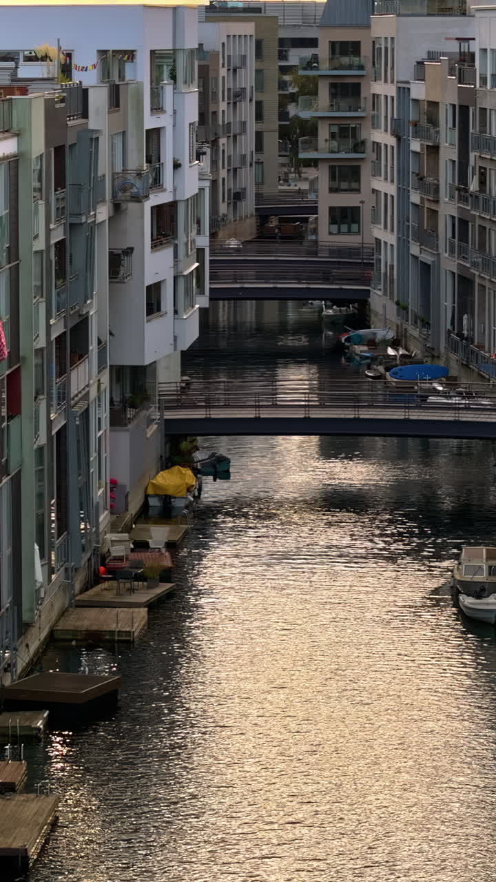 Aerial drone view of the Teglholmen peninsula in the South Harbour of Copenhagen, Denmark. Vertical