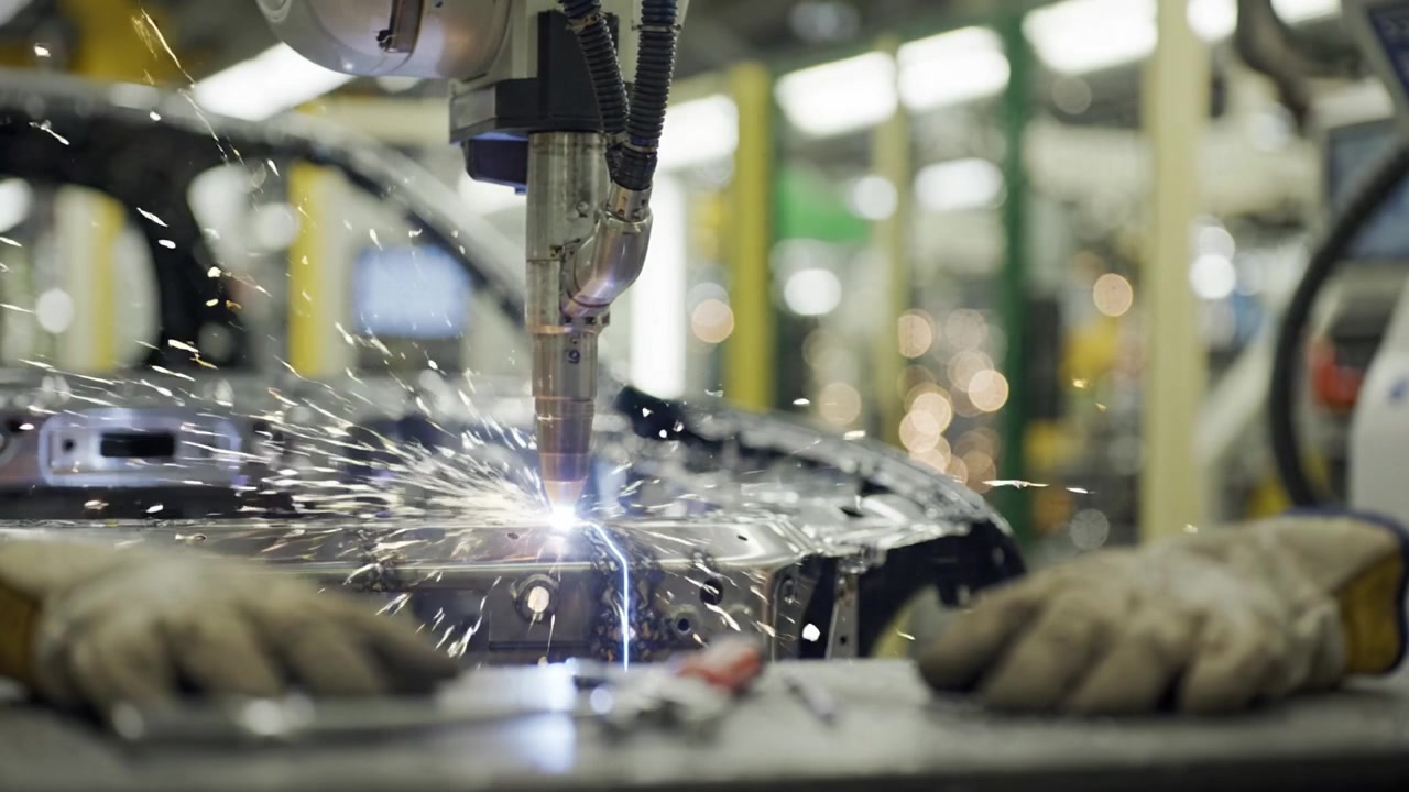 Automatiserad svetsprocess i tillverkningsanläggning: Gnistor flyger när robotarm fogar samman metallkomponenter för fordonsproduktion och montering i modern fabriksmiljö