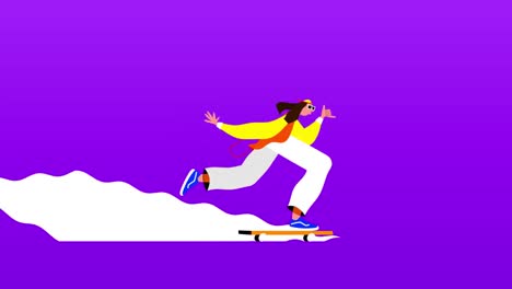 dibujos animados de un hombre montando en patineta con un sendero blanco detrás