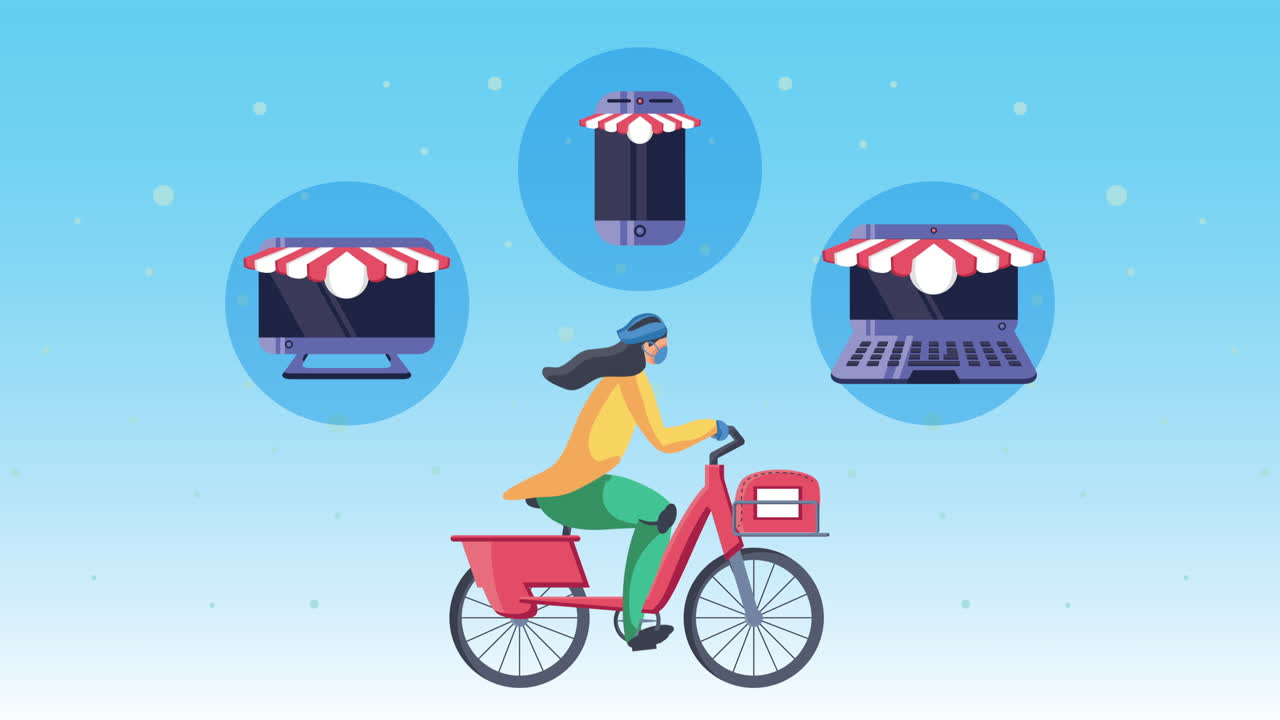 자전거 및 전자 장치 애니메이션에서 배달 서비스 노동자