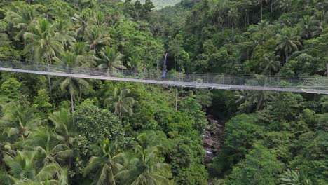 aerial panning shot of hanging rope bridge in jungle of alegria, philippines