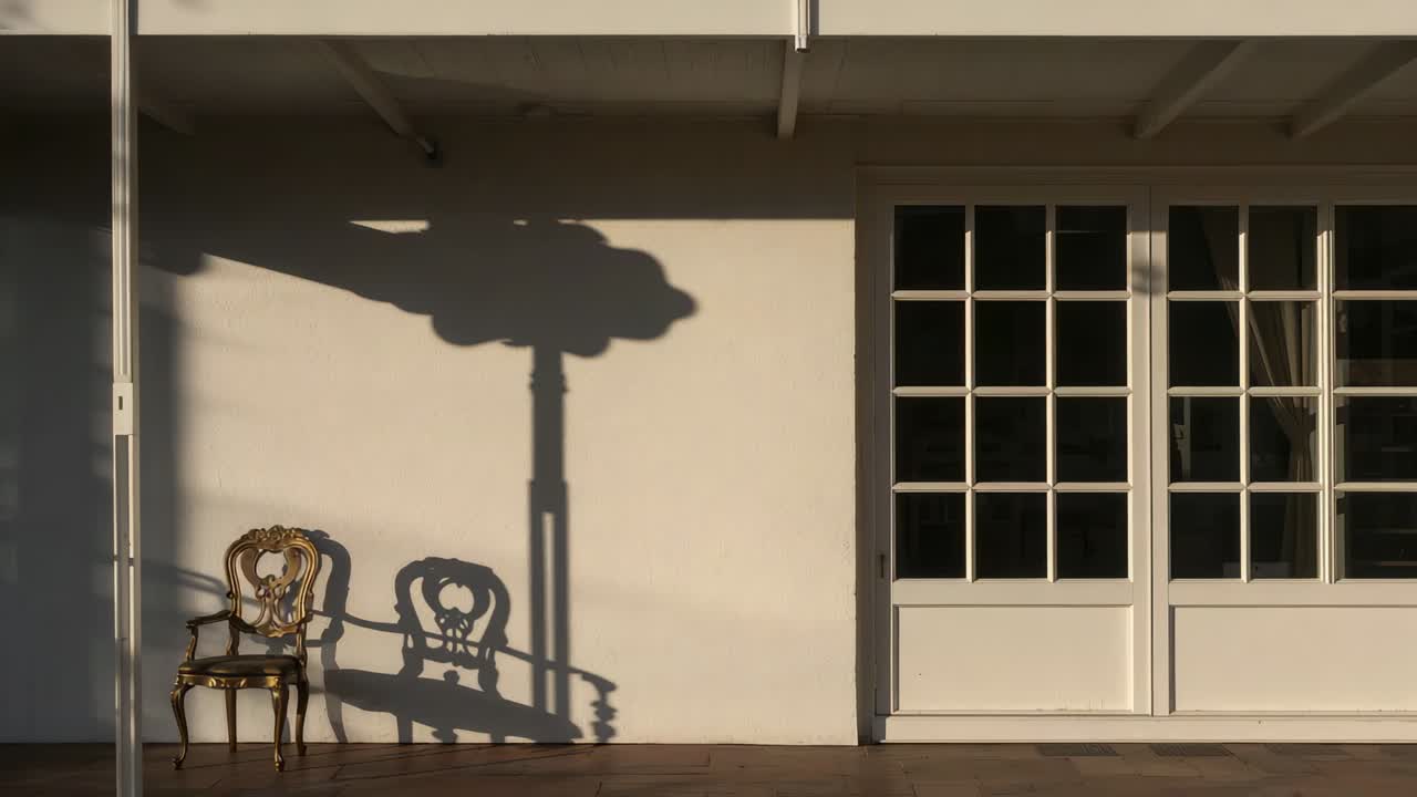 Shifting low sun moving umbrella shadow across porch, carrying ornate chair shadows, copy space
