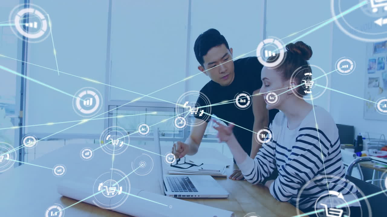 사무실에서 다양한 비즈니스 사람들 위에 그래프 아이콘으로 연결 네트워크의 애니메이션