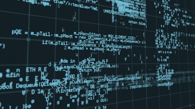 Digital animation of data processing over grid network on black background