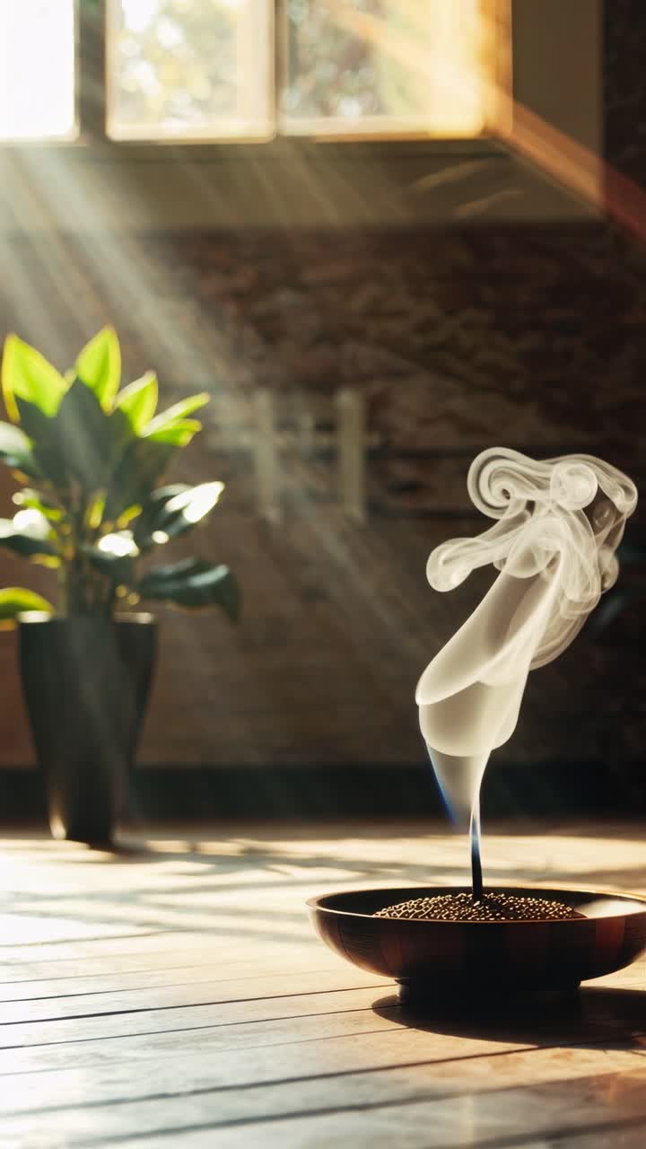 Vidéo en contre-plongée d'encens brûlant dans une pièce ensoleillée, capturant la fumée tourbillonnante et une lumière chaude et naturelle.