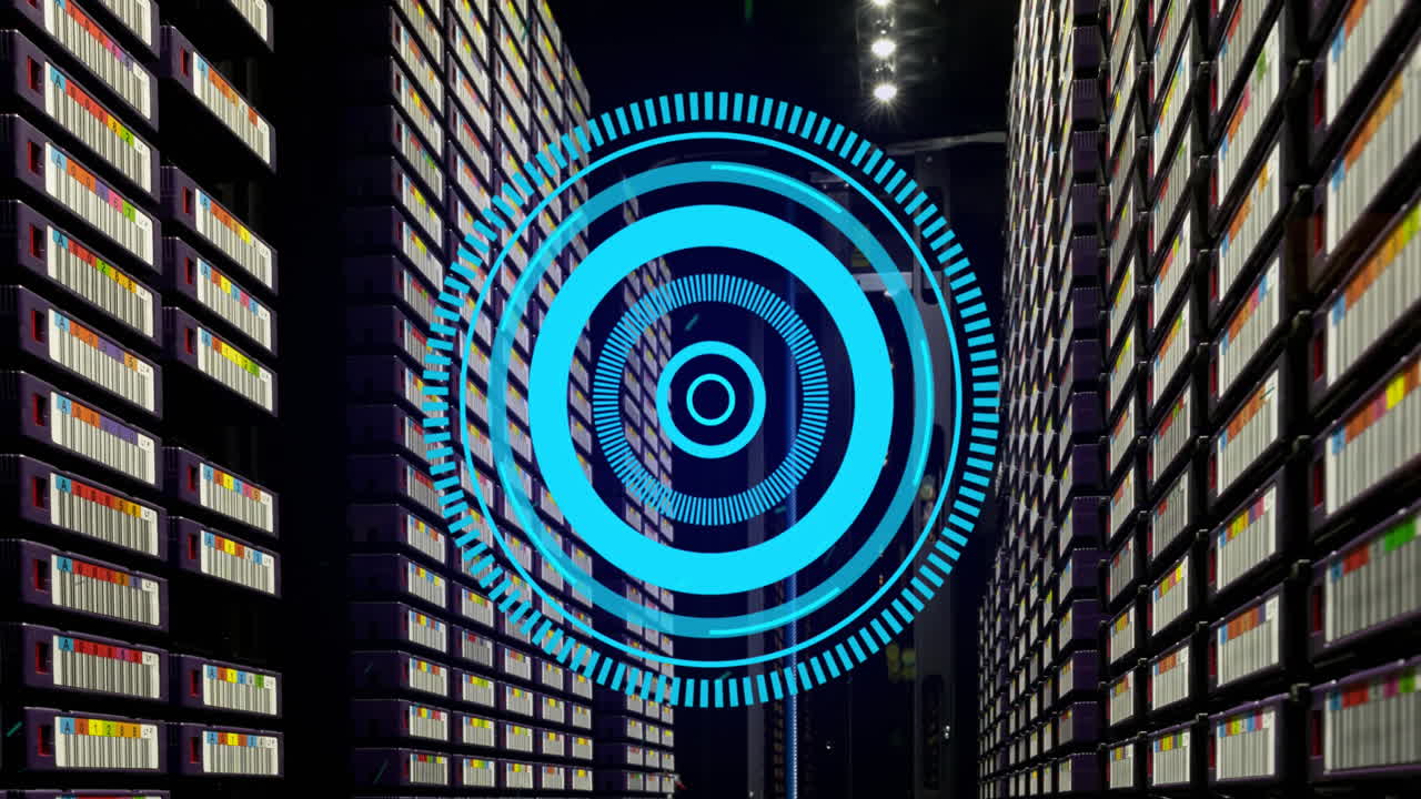 Animation of blue round scanner spinning against computer server room