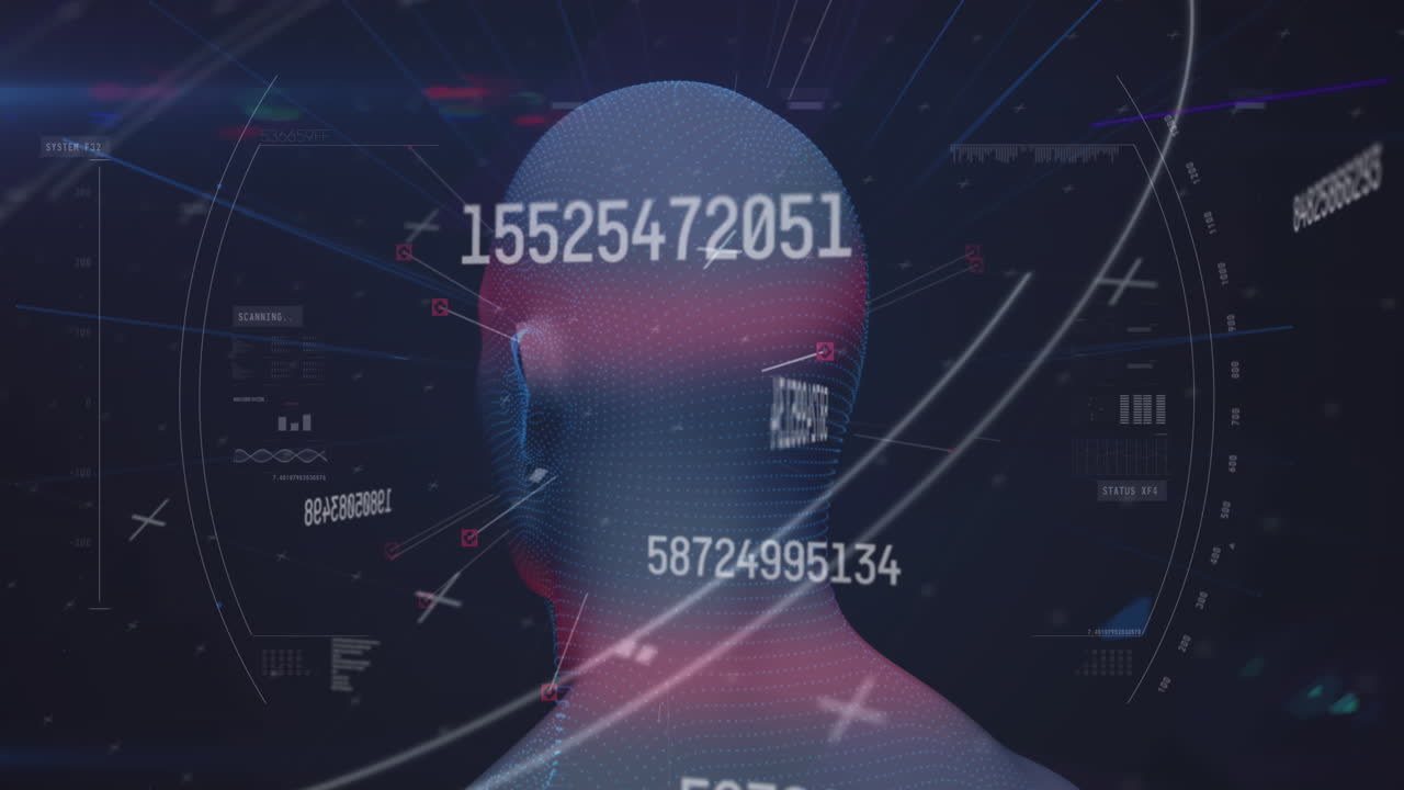 Animation of numbers changing over human head spinning and scope scanning in background