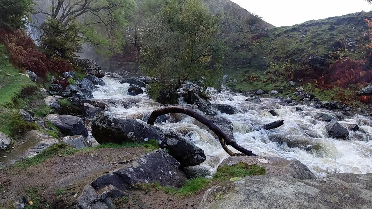 Rallentatore di acqua potente che zampilla e scorre a cascata su una formazione rocciosa forestale in un fiume