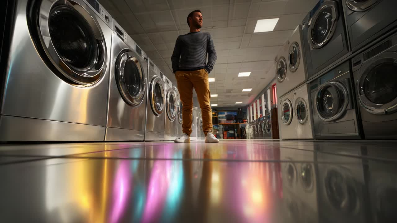 A Modern Laundry Experience: Exploring the Stylish Aesthetic of a Contemporary Washing Machine Showroom with Sleek Designs and Reflective Floors Enveloping a Customer in Thoughtful Observation