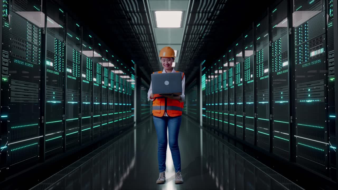 Full Body Of Asian Female Engineer With Safety Helmet Working On A Laptop And Looking Around While Standing in Server Room Data Center