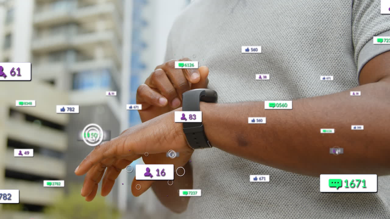 Animation of notification bars over midsection of african american man scrolling on smartwatch