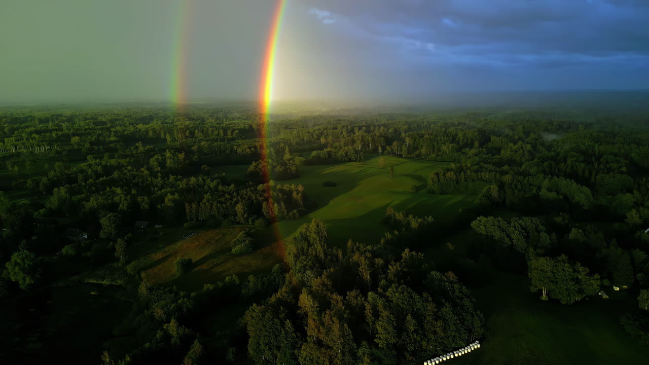 arco iris doble sobre el paisaje boscoso, vista aérea de drones