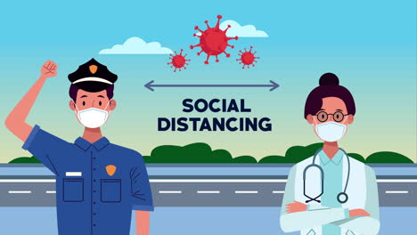 police and doctor with social distancing message campaign