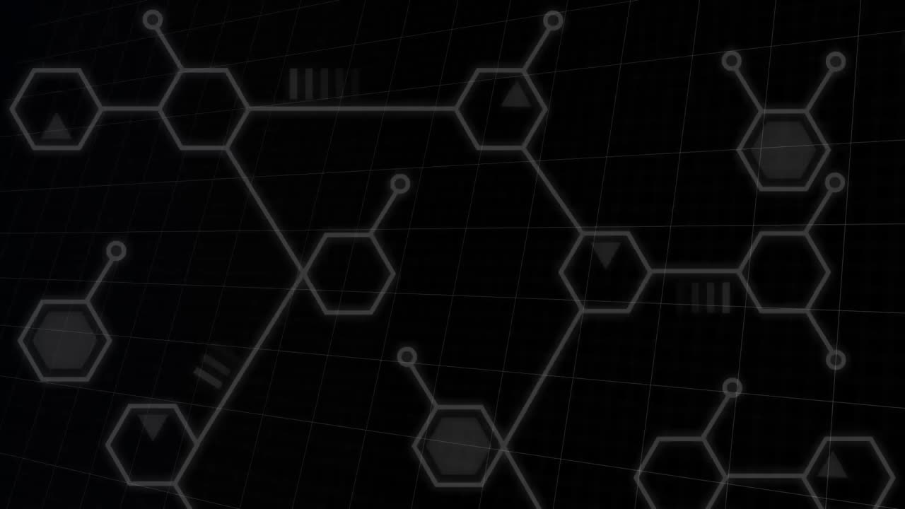 Dna structure spinning and molecular structures floating against black background