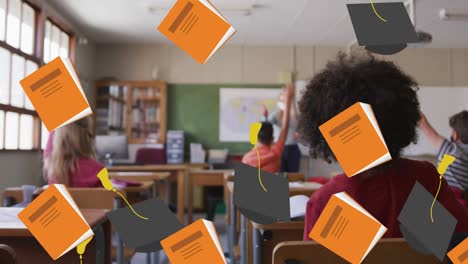 animación de elementos escolares iconos que se mueven sobre los escolares que llevan máscaras faciales