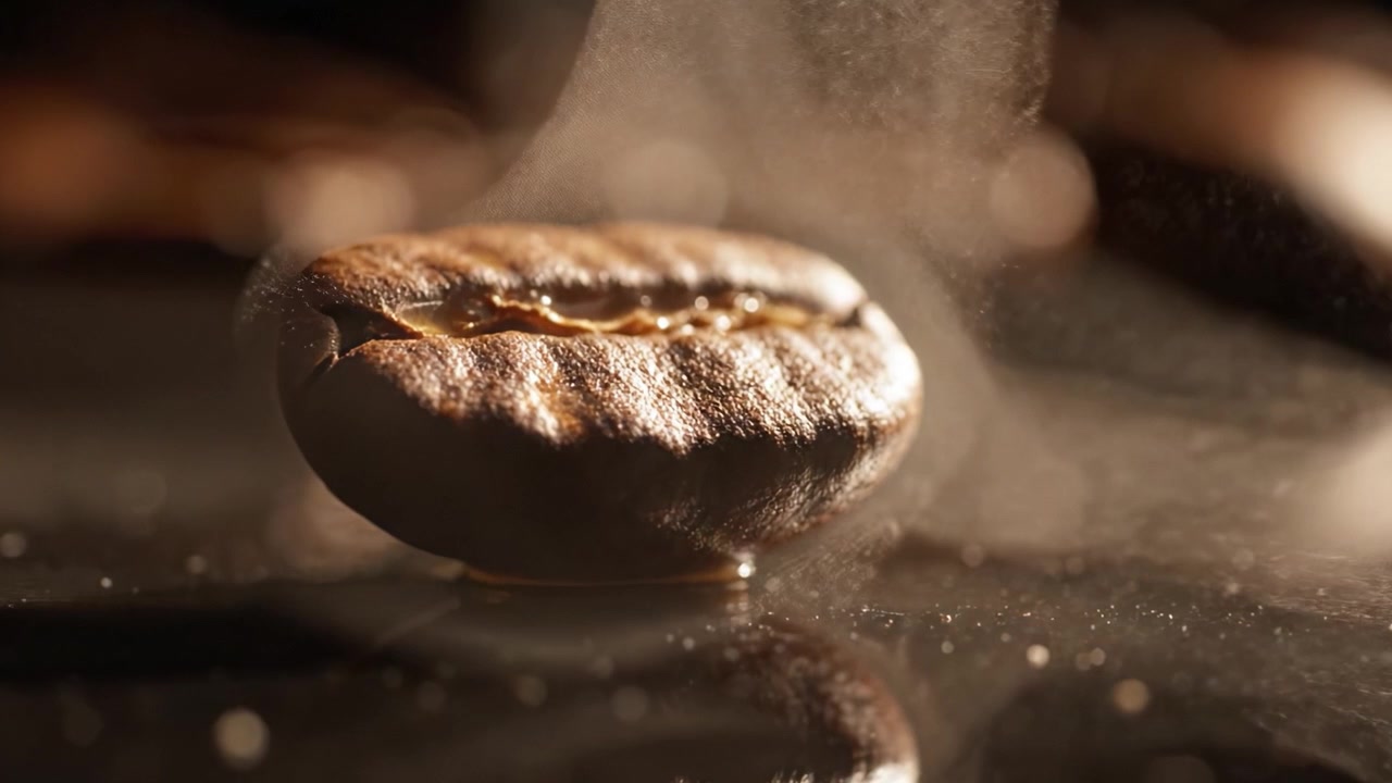 Primo Piano Accattivante di un Chicco di Caffè Scintillante: Un Viaggio Visivo Attraverso la Ricca Consistenza e l'Aroma del Caffè con Dettagli Mozzafiato