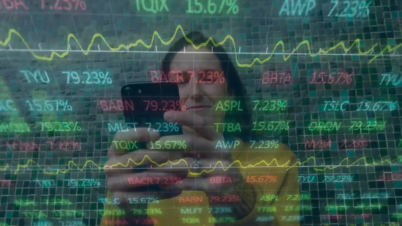 Animation of financial data processing over caucasian woman using smartphone