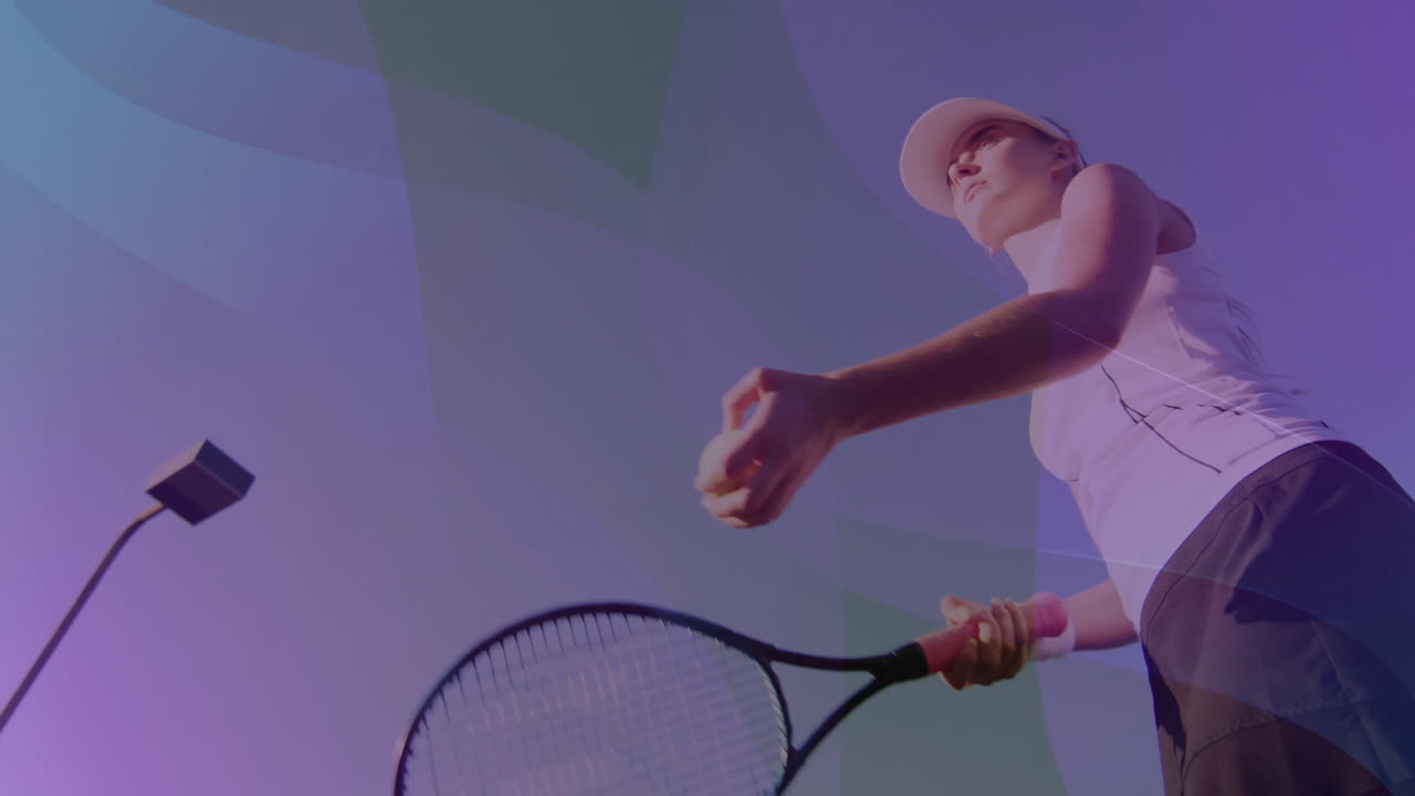 female tennis player serving on court, showing animated speed meter and sports analytics chart