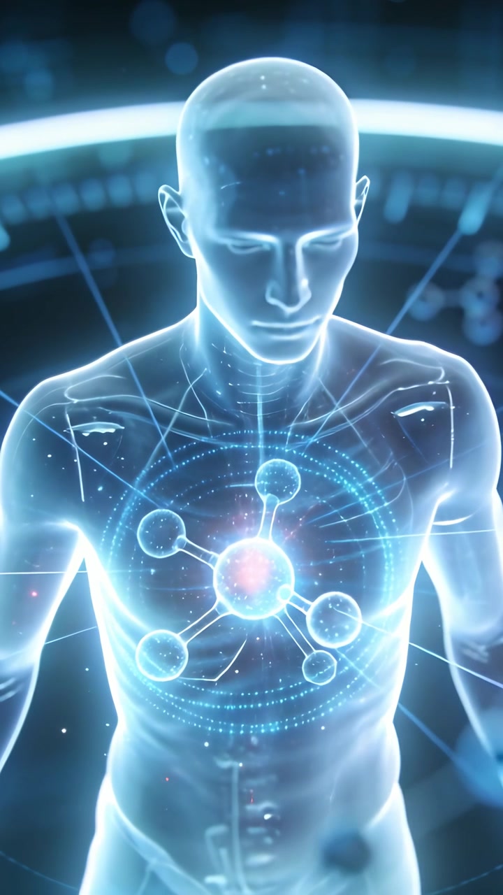 Vertical video: Signal arriving, male holo pulsing chest node and five nodes, running lab check