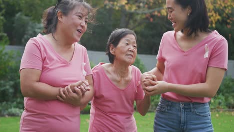 happy asian adult granddaughter and mother holding hands with grandmother and walking in garden