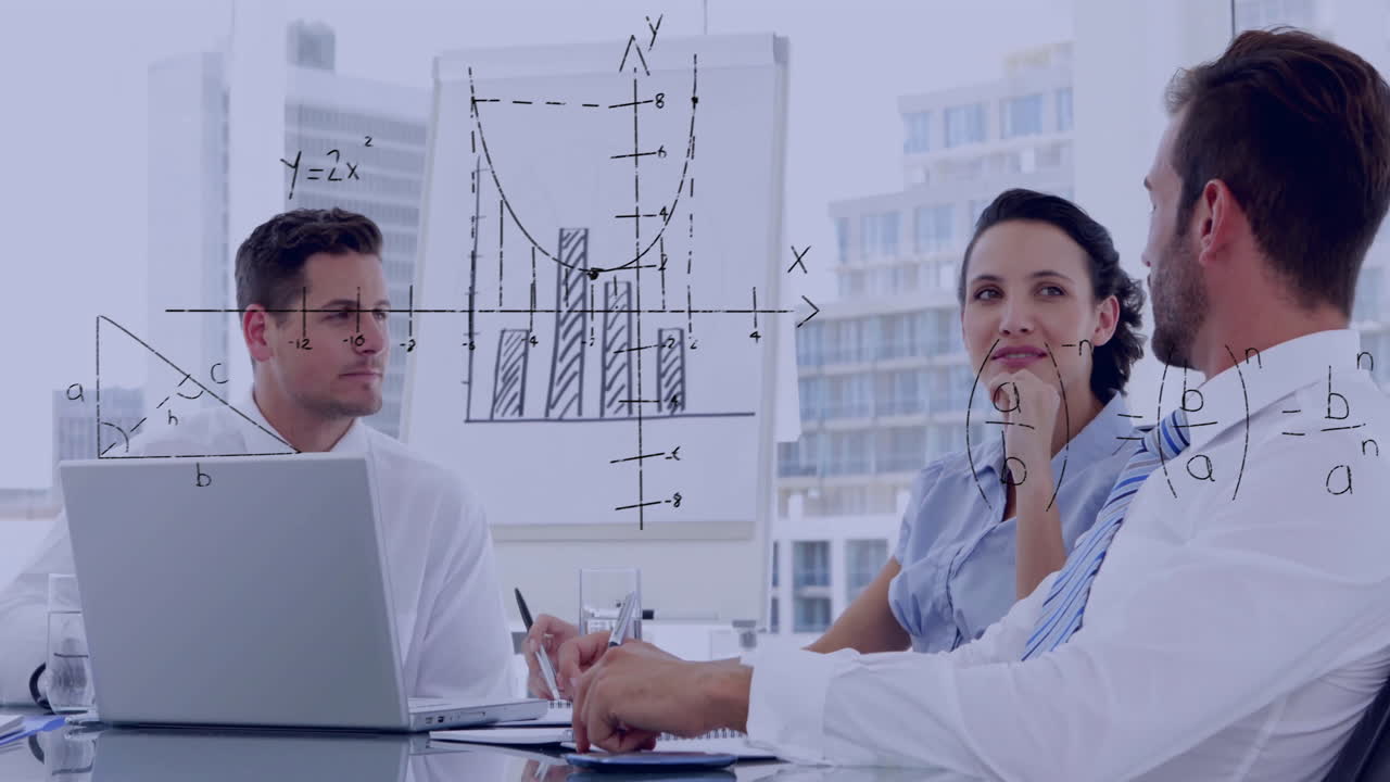 In office, business team discussing graphs and animation with mathematical formulas