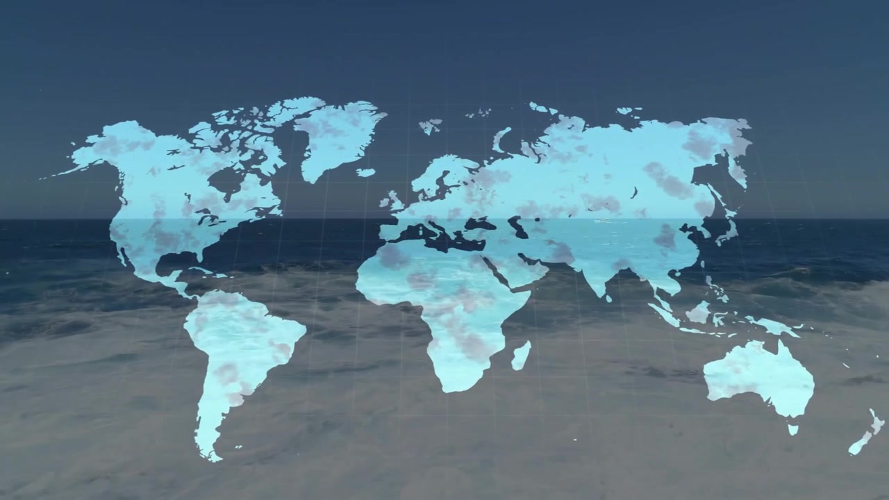 Vertical video: Appearing faintly, pale world map overlay filling with cyan and covering rocky surf