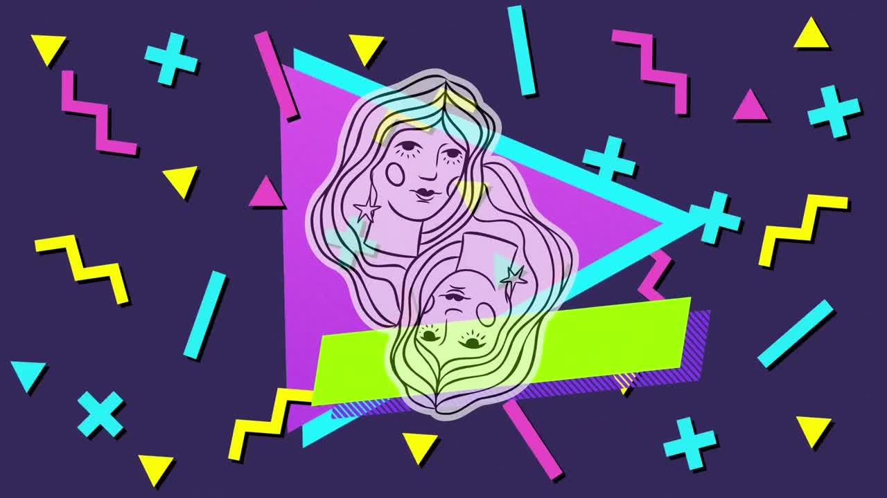 animación del símbolo de los geminos sobre un fondo violeta cambiante con diversas formas coloridas