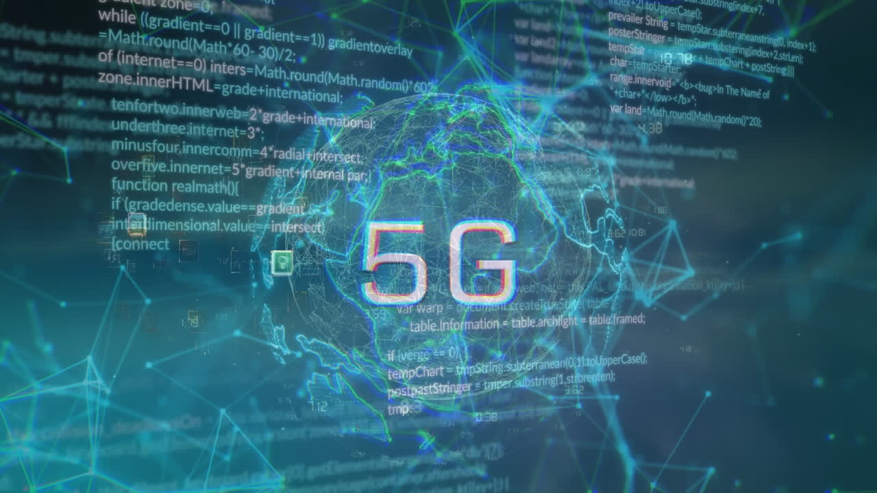 animación de banner de texto 5g sobre procesamiento de datos, globo giratorio y red de conexiones