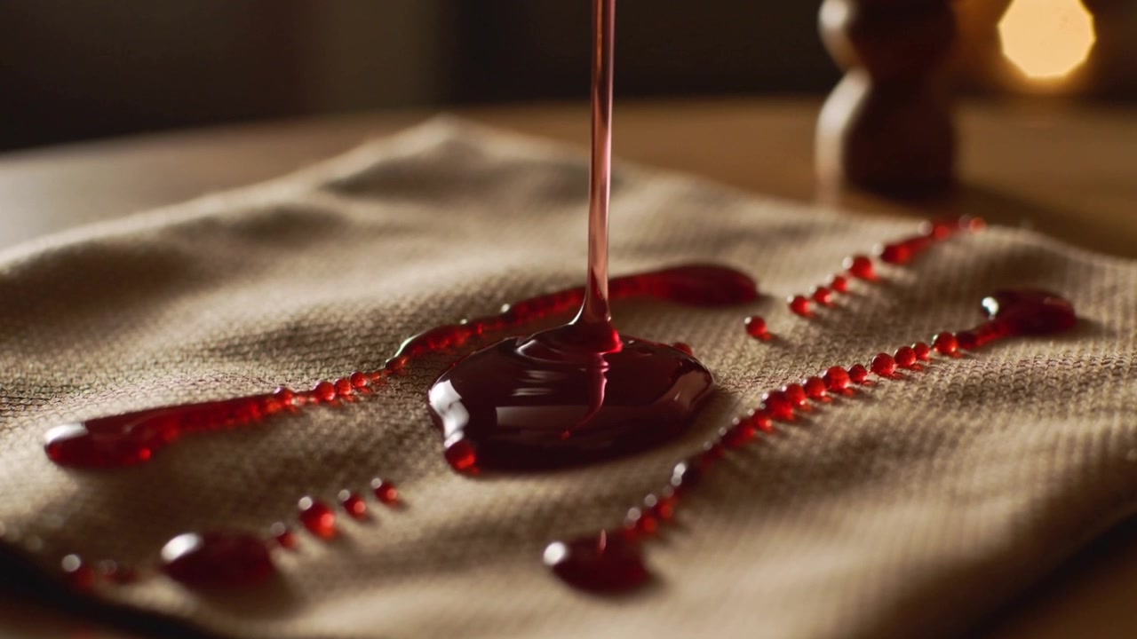 Flusso di liquido rosso lucido che viene versato, toccando un tovagliolo e formando una pozzanghera su un panno beige su un tavolo di legno.