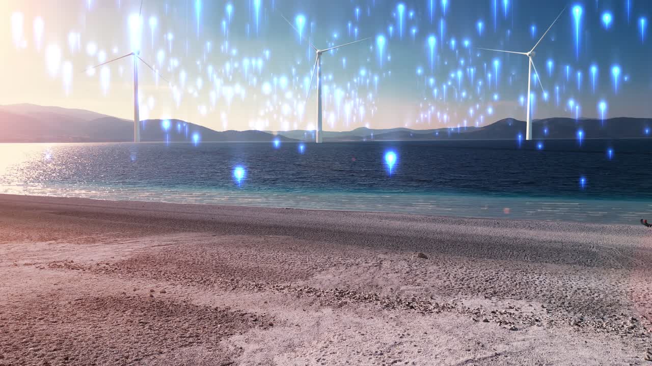 해가 뜨고 해가 지는 해안 풍력 발전소와 반이는 빛의 흔적