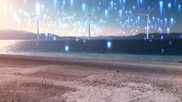parque eólico costeiro ao nascer ou ao pôr-do-sol com trilhas de luzes brilhantes
