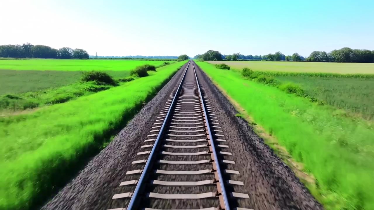 緑の野原を貫く鉄道線路。明るい青空の下、地平線が遠く霞む。レールと木製の枕木のクローズアップ。