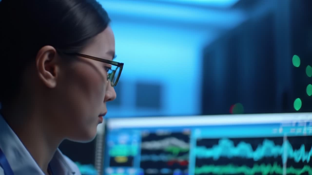 Analisis Terfokus dan Pemantauan Tren Data oleh seorang Profesional di Lingkungan Teknologi Tinggi dengan Layar Menyala yang Menampilkan Grafik Dinamis