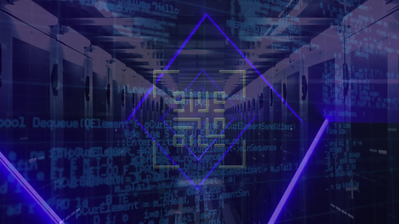 Animation of qr code, neon lines, data processing over servers